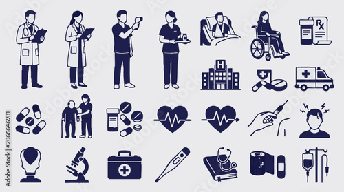 Fotografie Medical and Healthcare Icons Collection: Doctors, Nurses, Patients, and Equipmen