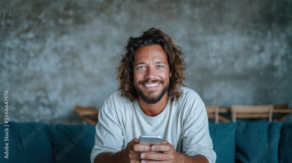 Fototapeta premium A joyful man with curly hair holds a smartphone while sitting in a contemporary room, expressing happiness and embracing modern technology, perfect for lifestyle and product branding.