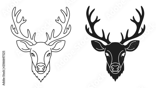 Cuadro en lienzo Deer Head Silhouette and Outline: Two striking depictions of a deer's head, one in a crisp black silhouette and the other as a clean line art outline