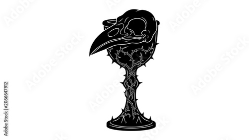 Vászonkép Skull Chalice of Thorns: A dark, symbolic illustration of a goblet formed from a bird's skull, intricately entwined with thorny vines, evoking themes of death, mystery, and dark fantasy