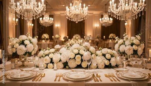 Reception sweetheart table with cream roses candles and warm ballroom wedding elegance