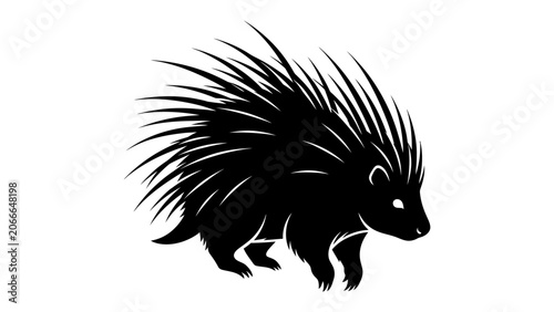 Billede på lærred Porcupine Silhouette: A striking black silhouette of a porcupine with its quills fully extended, walking across a white background