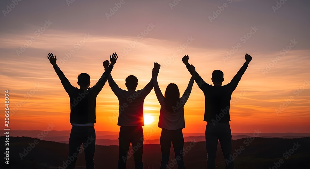 Fototapeta premium Silhouettes of four friends with arms raised in victory against sunset sky, celebrating friendship.