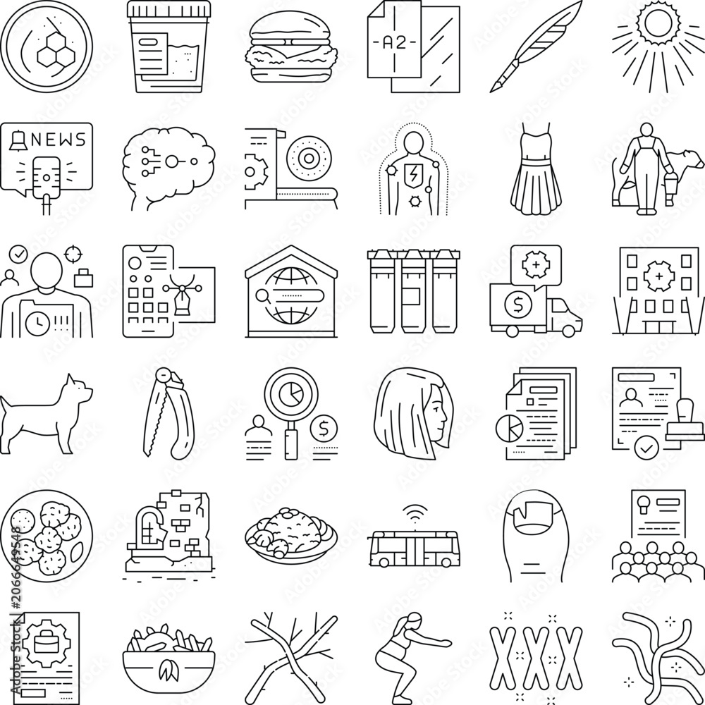 Fototapeta premium Diverse collection of line icons representing a wide array of concepts from business, technology, health, and everyday life, organized for easy use in various design projects