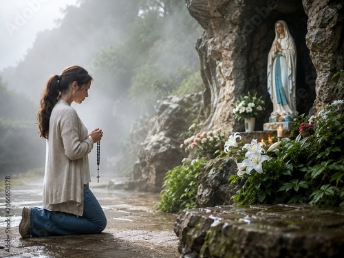 Young woman praying with rosary at misty grotto shrine