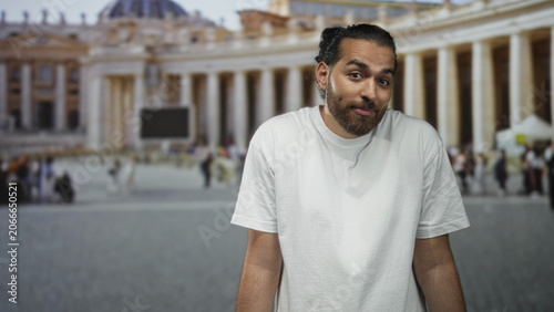 Obraz na plátně Man shrugs shoulders in front of vatican building, white t shirt and beard visible, casual pose amid colonnade crowd; bemusement travel