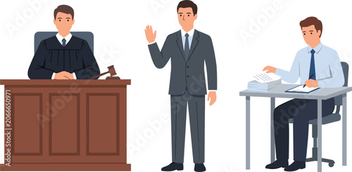 Courtroom Trial Vector Illustration Featuring Judge at Bench with Gavel Witness Taking Oath and Court Reporter Stenographer Writing Notes