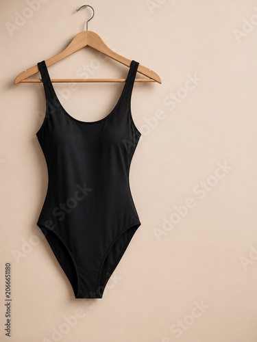 A black swimsuit on a wooden hanger against a plain beige wall
