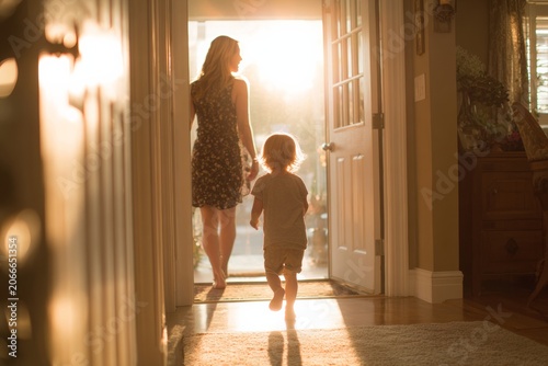 Parent walking in the front door greeted by a child running forward, soft warm evening light filling the entryway.