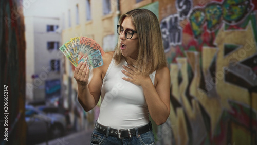 Fotografía Woman holds fanned australian banknotes in one hand and places other hand on chest in a graffiti alley street lined with buildings and cars; surprise wealth