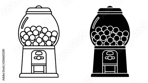 Quadro su tela Gumball Machine Icons: A duo of iconic gumball machines, one in outline and the other in silhouette, brimming with colorful gumballs, representing fun and indulgence
