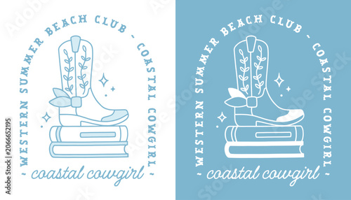 Coastal cowgirl beach club western summer country girls trip west coast vacation women shirt design print. Boho retro vintage aesthetic pastel blue cowboy boots and books drawing white sticker poster.