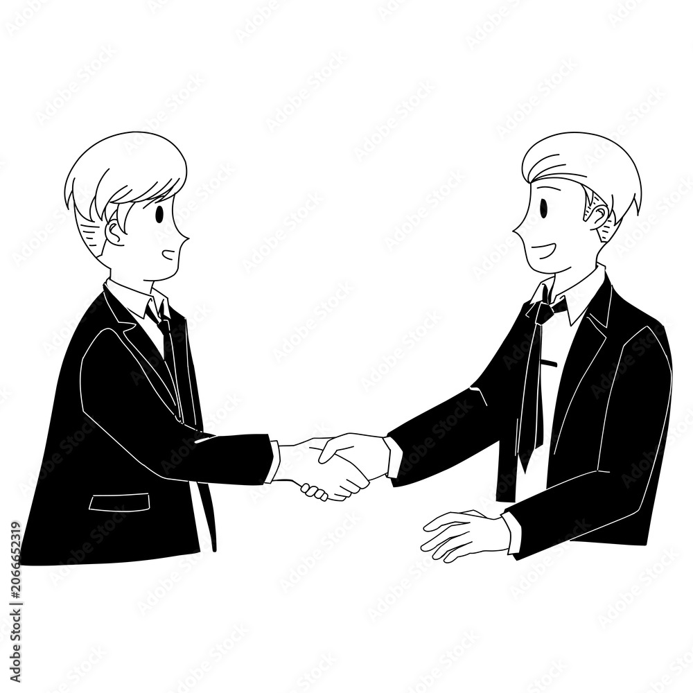 Fototapeta premium Cartoon black and white illustration of two men shaking hands