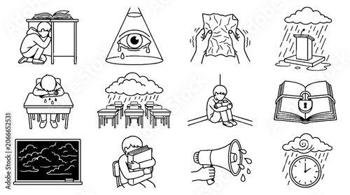 Mental health and school stress conceptual line art icons set.