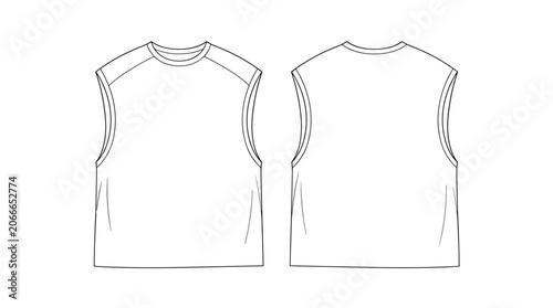 sleeveless tank top flat sketch vector illustration mens crew neck muscle tee sports apparel front and back view technical cad drawing template