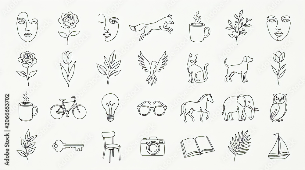 Fototapeta premium Minimalist continuous line drawing icon set collection