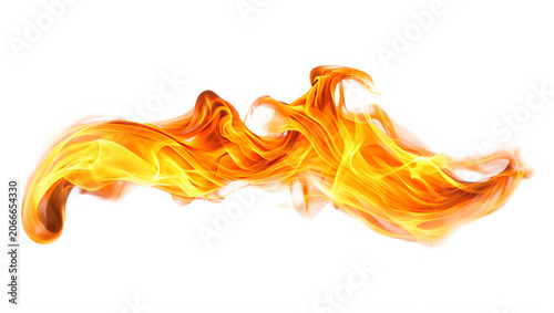 Dynamic flowing horizontal fire flame burst on white background