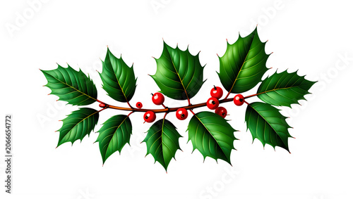 Festive Christmas holly sprig with glossy red berries and green leaves