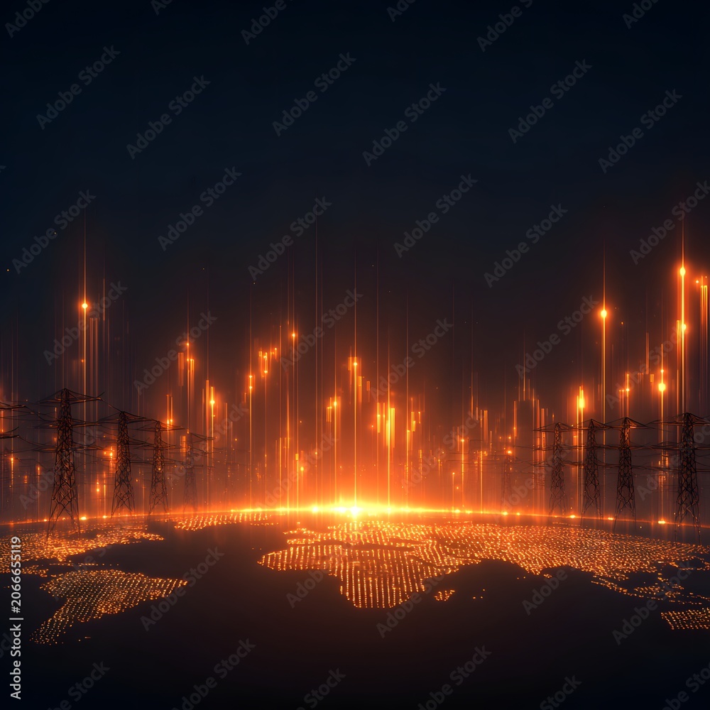 Fototapeta premium High voltage electricity pylons in vibrant dusk wallpaper