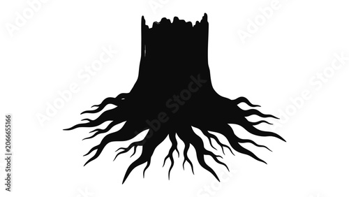Schilderij op canvas Tree Stump Silhouette: A stark black silhouette of a tree stump with a complex network of exposed roots stands out, symbolizing nature's resilience and the passage of time