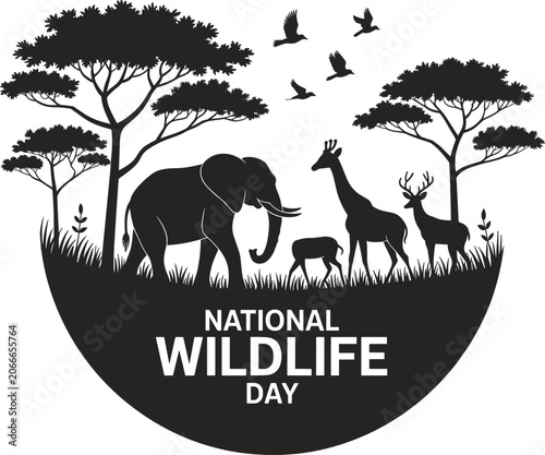 Photography National Wildlife Day illustration with savanna animal silhouettes, African elep