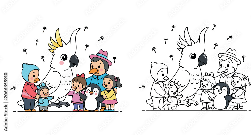Fototapeta premium Cute Cartoon Kids Interacting with Cockatoo and Penguin