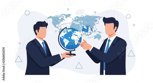 Businessmen Discussing Global Strategy with Globe and World Map Illustration