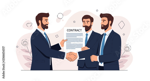 Businessmen shaking hands over a contract, symbolizing agreement, partnership, and deal closing.