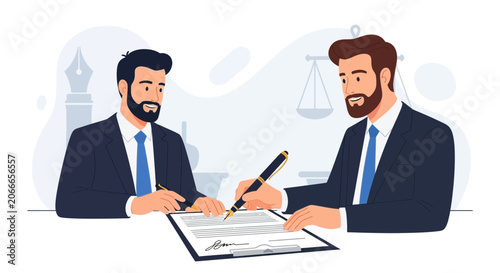 Businessmen signing contract agreement, legal partnership, lawyers shaking hands, justice scales, modern flat design vector illustration