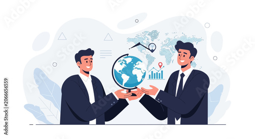 Businessmen holding globe with world map and financial charts, symbolizing global business, strategy, and international cooperation.