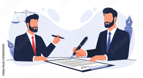 Businessmen signing contract with scales of justice and fountain pen, symbolizing agreement, law, and partnership.