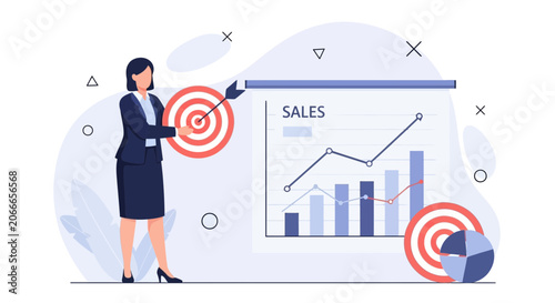 Businesswoman Aiming at Target with Sales Chart and Pie Chart, Vector Illustration of Strategy and Success
