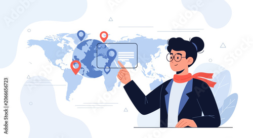Businesswoman Interacting with Digital World Map and Global Navigation Pins, Representing Travel, Logistics, and Technology
