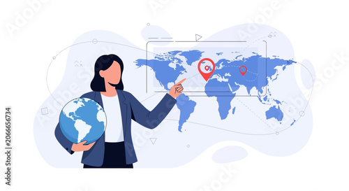 Businesswoman pointing at world map with globe, illustrating global business, travel, and logistics concepts