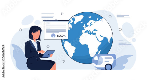 Businesswoman presenting global data on a tablet with a world map and charts in a modern flat illustration style.