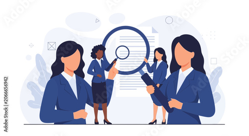 Businesswomen analyzing documents with magnifying glass, teamwork and research concept illustration