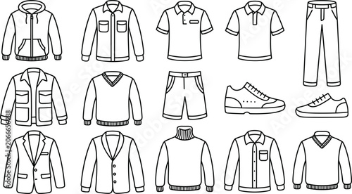 Canvas-taulu Mens clothing and footwear line art icon set featuring casual shirts jacket hood