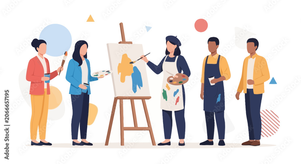 Fototapeta premium Diverse group of artists collaborating and painting in a bright studio, vector illustration