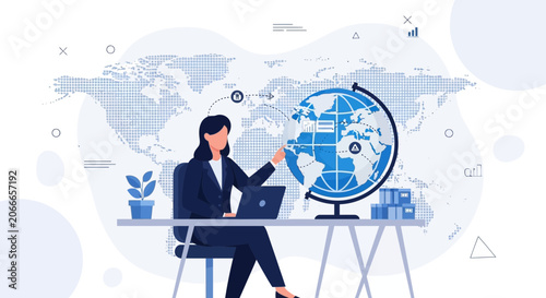 Businesswoman working with globe, laptop, and world map - Global business, analytics, and international collaboration