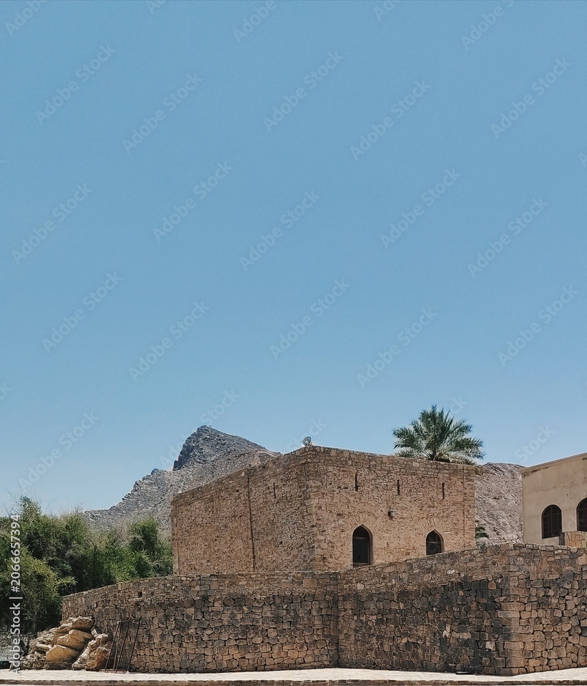 Fototapeta premium `Traditional stone building with palm tree and Al Hajar mountains in Oman`