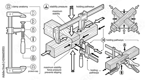 Tableau sur toile Woodworking clamp anatomy and pressure pathways schematic