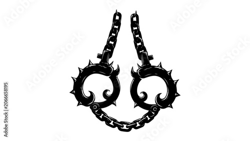 Bild auf Leinwand Bondage Symbol: A stark black illustration depicts a pair of spiked shackles connected by a heavy chain, symbolizing restraint and captivity