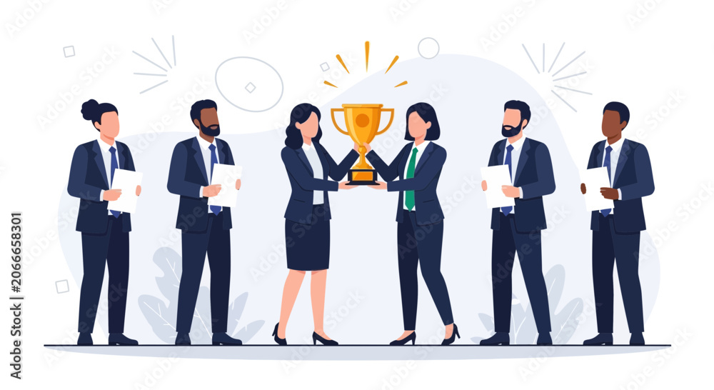 Obraz premium Diverse Business Team Celebrates Winning a Golden Trophy, Representing Success, Achievement, and Teamwork