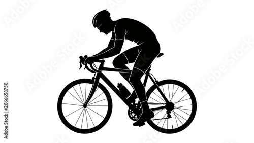 Billede på lærred Cyclist's Intense Focus: A silhouetted cyclist in full racing gear, helmet on and body hunched over the handlebars, demonstrates extreme concentration and determination while riding a road bike