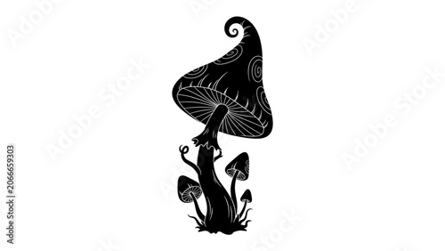 Fotografie Whimsical Fungi Silhouette: A stylized black silhouette of a large, ornate mushroom with swirling patterns, accompanied by smaller mushroom growths