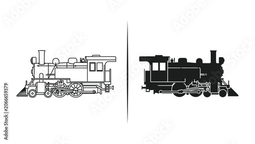 Foto Vintage Steam Locomotive: A classic steam engine rendered in both detailed outline and solid silhouette, showcasing the iconic design of a bygone era of transportation