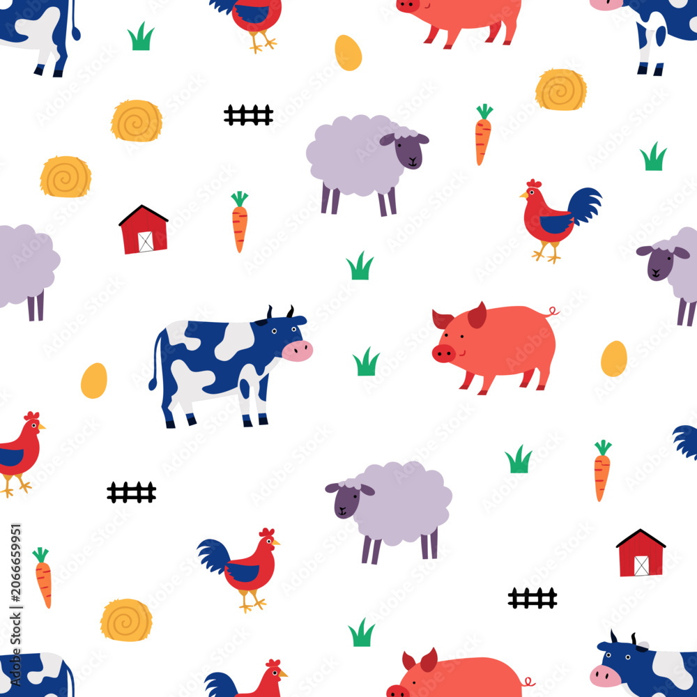 Obraz premium Minimal farm animal seamless pattern with livestock and agriculture elements.