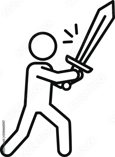 Stick Figure Wielding Sword in Motion Isolated on White