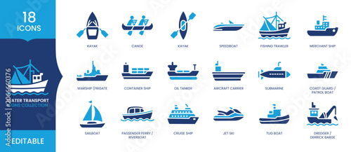 Foto Water Transport Icons Set, Ships Boats Marine Vessel Editable Vector Collection,