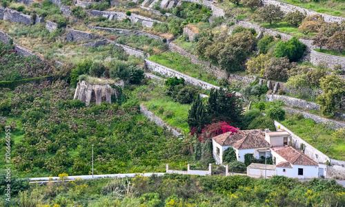 Abandoned farmhouse surrounded by terraced fields in Andalusia, Spain